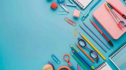 school supplies on blue background with copy space - obrazy, fototapety, plakaty