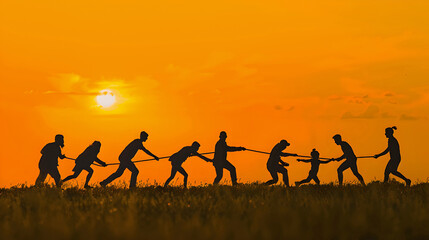 Silhouetted group playing tug-of-war at sunset in a field. A symbol of teamwork and competition. Ideal for motivational themes. AI