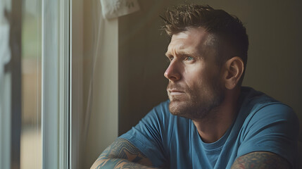 Serene portrait of man in casual blue t-shirt gazing out window