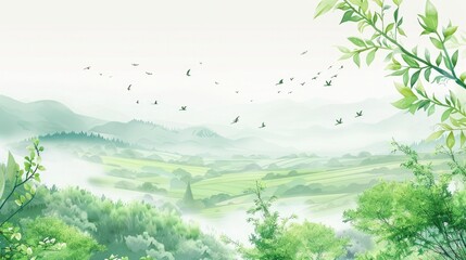 Fototapeta na wymiar Japanese illustration style, scenery, fluttering tea leaves, light green, artistic conception of the landscape like fairyland