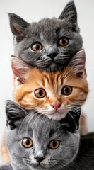 three British shorthair cats are piled on top of each other on a white background