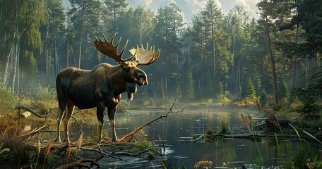 photorealistic image of a moose in the forest on the outskirts of the city