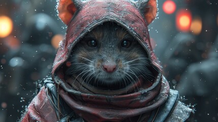 a mouse wearing a red hoodie and a red scarf is standing in front of a blurry cityscape.