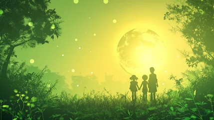 Zelfklevend Fotobehang ecology creative illustration vector of nature graphic , small people in ecology energy illustration vector , save the planet, save energy, Earth Day concept vector.  © Wasin Arsasoi
