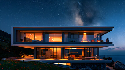 A high-tech residence, with sleek exteriors illuminated by LED lights as the background, during a starry night