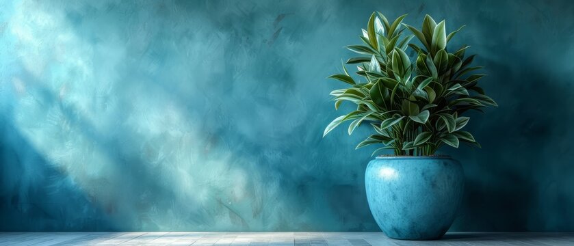 a blue vase with a plant in it on a table in front of a blue wall and a wooden floor.