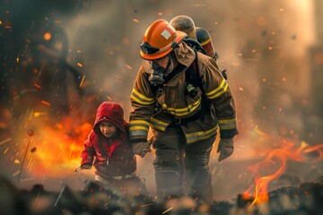 A firefighter helping a child escape a fire - obrazy, fototapety, plakaty