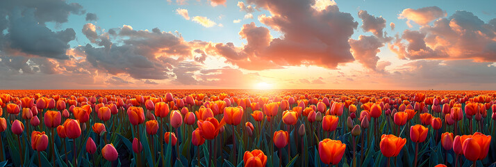 Tulips Field Landscape in Dutch,
Tulip flower field on beautiful sunset landscape - obrazy, fototapety, plakaty
