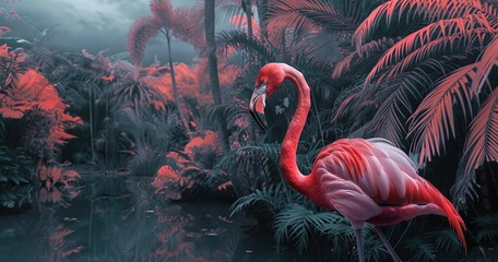 pink flamingo in the jungle, infrared green black, in the style of narrative-driven visual storytelling, lo-fi aesthetics, dark orange and red