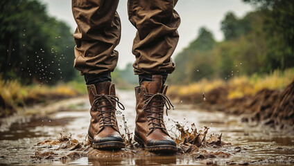 Human feet in boots standing in the mud