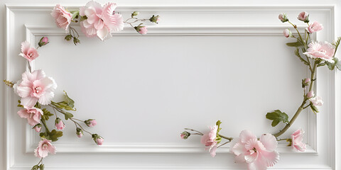 blossom cherry border frame with a stunning flower arrangement on a pink background, featuring spring flowering branches in a frame