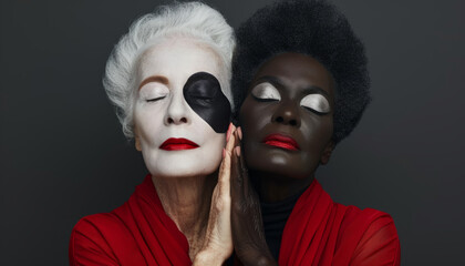 Glamorous portrait of two elderly women with closed eyes. Modern image of adult women in feelings. - obrazy, fototapety, plakaty