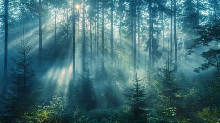 Obraz premium Crepuscular rays shine through the fog in a dense coniferous forest, creating a dynamic and serene woodland scene.