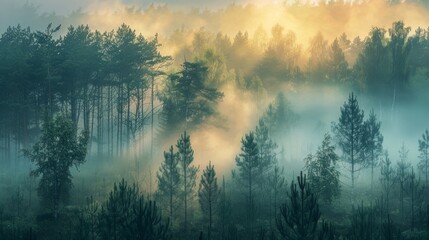Early morning sun rays gently pierce the mist, creating a mystical ambiance over a lush pine forest.