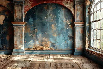 Fotobehang Empty room in an abandoned house in decay with painted walls scratched,background grunge style © acrogame