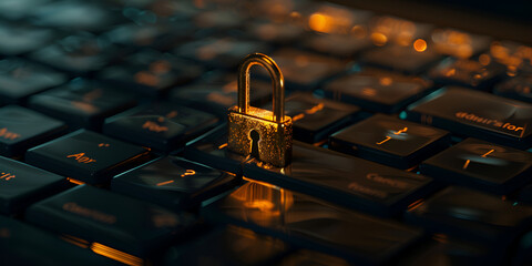 Golden padlock on a computer keyboard symbolizing cybersecurity - obrazy, fototapety, plakaty
