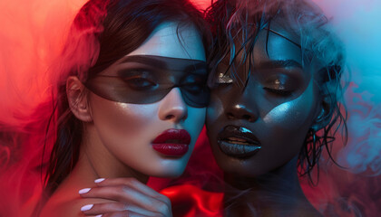 Glamorous style of two sexy women with blindfolds. Sexy image of beautiful model girls in love. - obrazy, fototapety, plakaty