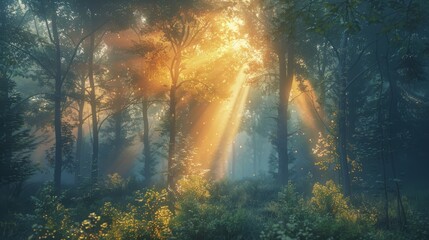Sunbeams dance through the mist in an enchanted forest glade, with golden light playing upon the wildflowers and trees.