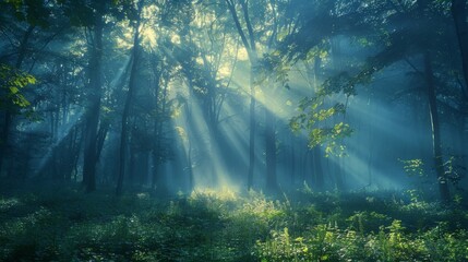Majestic sunbeams break through the mist, illuminating the lush undergrowth of a tranquil forest. - obrazy, fototapety, plakaty