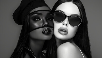 Glamor style of two women with glasses, black and white woman in feelings. Sexy image of beautiful model girls with hairstyles. - obrazy, fototapety, plakaty