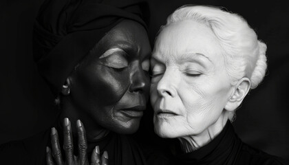 Glamorous portrait of two elderly women with closed eyes. Modern image of adult women in feelings. - obrazy, fototapety, plakaty
