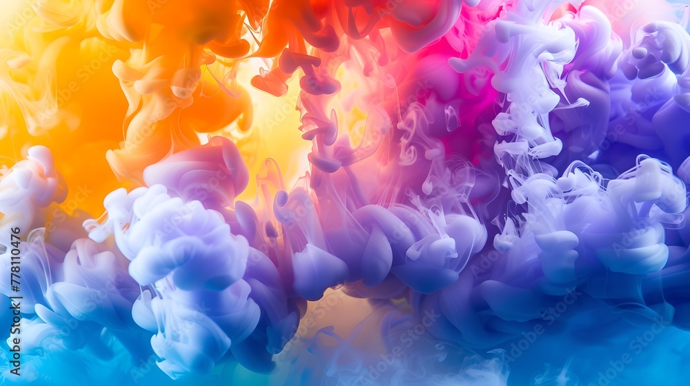 Poster vivid rainbow colors merge in clouds of ink in water for artistic background or design element. crea