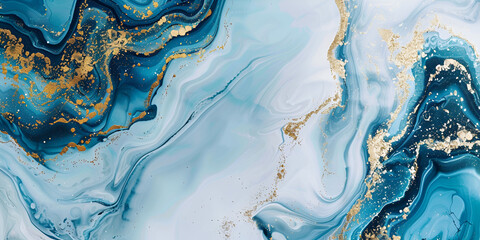 Abstract art background with a fluid marble blue and gold texture Splendid 3D illustration luxury abstract artwork in alcohol ink technique Shiny golden wave swirl pattern on a blue background - obrazy, fototapety, plakaty
