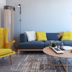 blue living room There is a yellow armchair. Center table for guests and a blue sofa Minimalist...