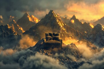 A chair is sitting on top of a mountain. The chair is made of wood and has a gold color. The chair is surrounded by clouds and mountains. The scene is peaceful and serene