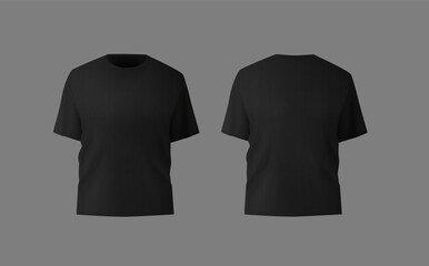 Basic black male t-shirt realistic mockup. Front and back view. Blank textile print template for fashion clothing.