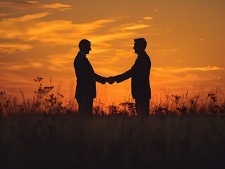 Businesspersons Shake Hands to Seal Significant Corporate Deal Against Stunning Sunset Sky and Landscape Background