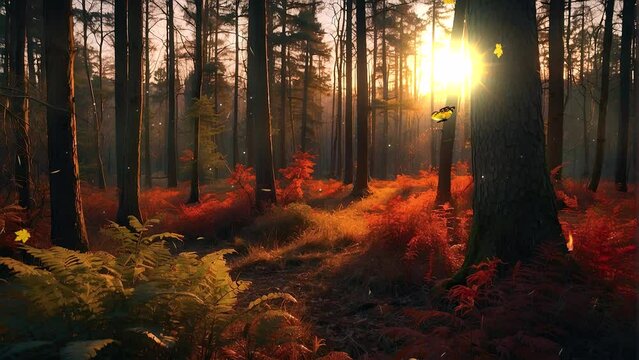 Autumn Dawn in the Woods: 4K Looping Video Featuring Trees and Bushes Awash in the Glow of Morning Sunlight.