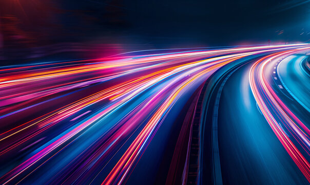 High speed light trail effect, futuristic dynamic motion technology, neon glowing lines