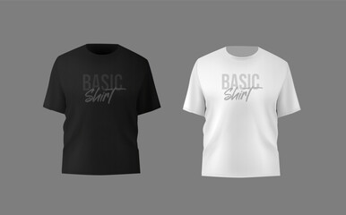 Basic black and white male t-shirt realistic mockup. Front and back view. Blank textile print template for fashion clothing.