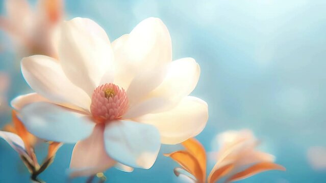 Flower spring backdrop with single white magnolia in full bloom stands against a soft blue sky background. Concept of nature's serene beauty and the renewal that comes with spring