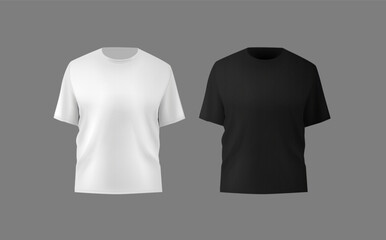 Basic black and white male t-shirt realistic mockup. Front and back view. Blank textile print template for fashion clothing.