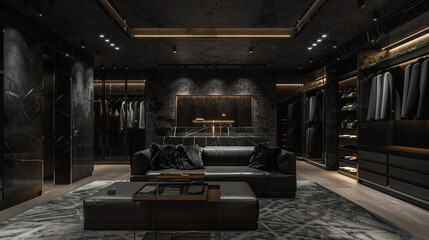 The interior of this high-end men's store is defined by a sleek black sofa, offering a comfortable and stylish space amid the upscale garments, showcasing the epitome of male fashion luxury.