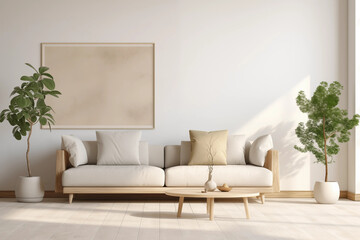 Bright living room interior with white sofa wooden table plants and empty frame mockup on the wall 3d render