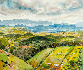 Travel rural village scenery farm landmarks in Thailand. Watercolor landscape original paintings.