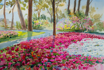 Beautiful spring season - Painting watercolor landscape wallpaper colorful of red daisy flowers sunlight in garden and trees