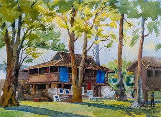 Travel scenery art wooden house landmarks in Thailand. Watercolor landscape original paintings on paper colorful of local home
