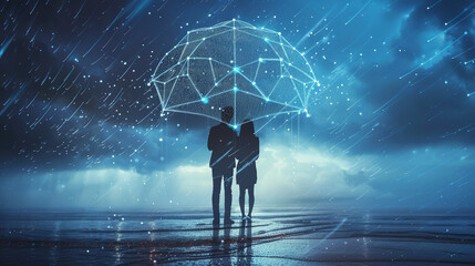 Obraz premium Visualize the concept of life insurance protection and security, such as a safety net or umbrella, representing the peace of mind and financial safeguard it provides for life's uncertainties.