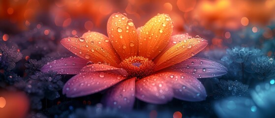 a close up of a flower with drops of water on it and an orange flower in the middle of the picture.