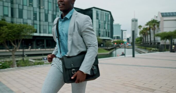 Business man, running and check watch in street with reminder for corporate job with speed on urban sidewalk. African employee, person and worker with time, rush and schedule for fast commute in city