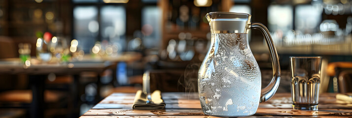 Wooden Table Decor: Jug of Water with Bokeh Effect, Rustic Table Setting: Water Pitcher with Blurred Bokeh Background