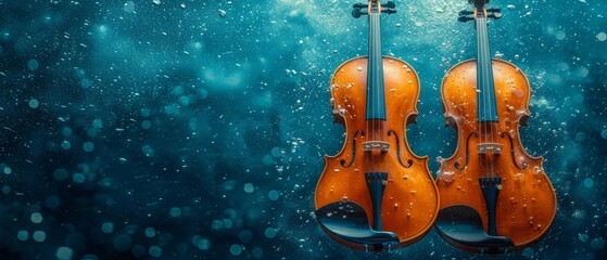 a pair of violin's in the water with drops of water on the bottom and bottom of the violin.