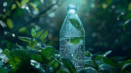 A sparkling water bottle with droplets condensing on its surface, surrounded by lush greenery