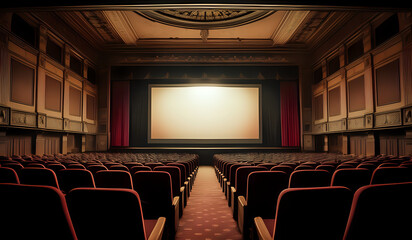 Cinema theater empty indoor. Film projection. Movie event festival show.