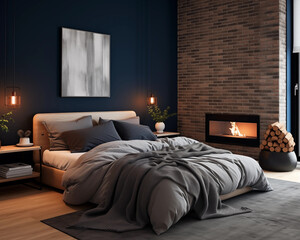 Modern bedroom interior with brick wall fireplace and comfortable bed