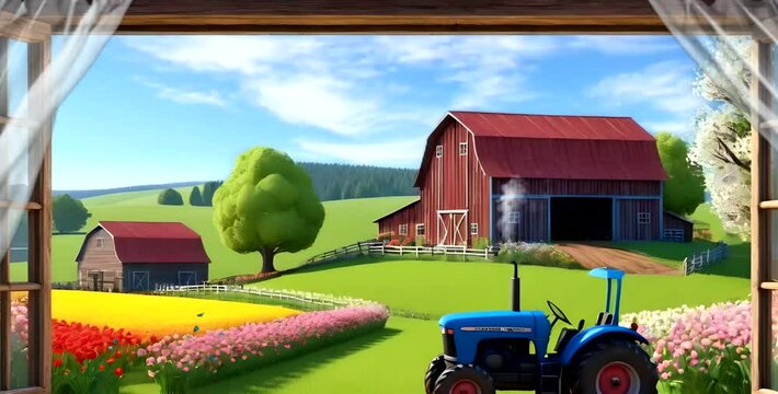 A tractor and field with barn